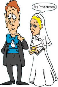 funny cartoon of bride and groom, bride with gollum-like eyes is looking at the ring in her hand, thinking My Precious ssss