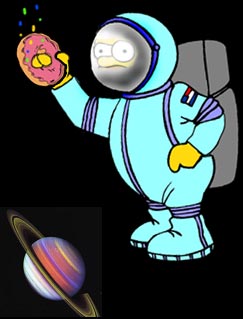 funny cartoon of homer simpson in space, floating above Saturn, holding a donut up, with the sprinkles floating off into space