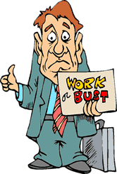cartoon image of man with briefcase and hitchhiking sign that says Work Or Bust