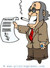 cartoon of sleazy music agent smoking cigar, smiling, holding contract for record deal