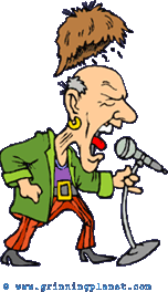 funny cartoon - aging rock star in hideously colorful clothes, singing into microphone, exerting himself so much his toupee is popping off