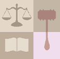 graphic of gavel, law book, and scales of justice
