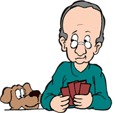 cartoon of man at table holding cards