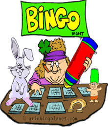 funny cartoon of woman playing bingo; she is surrounded by good luck charms like a 4 leaf clover hat, horseshoe, troll doll, and rabbit with painted feet