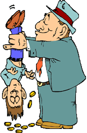 funny cartoon of mobster holding man upside down by his beet, shaking money out of his pockets