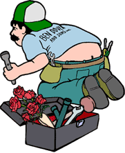 funny cartoon of romantic plumber working on pipes; his toolbox has wrenches and roses
