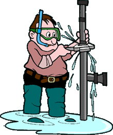 funny cartoon of plumber standing in rising water, working on a pipe; he's wearing a scuba mask