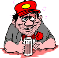 cartoon of a drunk in a tuxedo and baseball cap, sitting at bar with a mug of beer