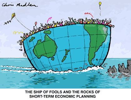 funny environment cartoon - a ship in the shape of the bottom half of a globe (planet earth) with people on the deck partying; they don't realize the ship is about to hit rocks