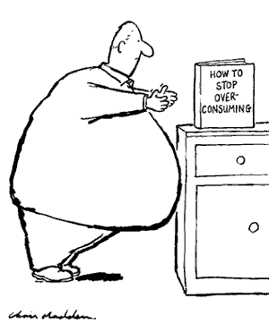 funny environment cartoon - a very fat man cannot reach a book on a dressing table because his protruding stomach is in the way; the title of the book is, How to Stop Over-Consuming