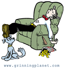 funny cartoon of Dagwood sleeping in chair, using Daisy the dog as an ottoman