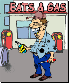 cartoon goofy looking gas station attendant holding a can of motor oil