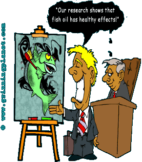 funny cartoon - oil company lawyer in court, pointing to easel with oil-contaminated fish, saying, Our research has shown that fish oil has healthy effects.