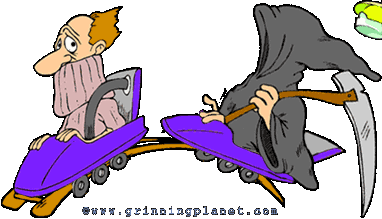 funny cartoon of man on roller coaster; Death is in the car behind him, carrying scythe; man is trying to cover up his neck with his turtleneck sweater