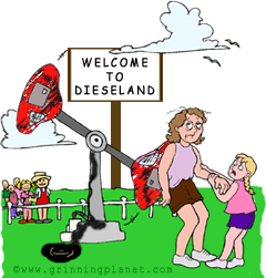 funny cartoon of little kid with mother at Diesel-land; little kid wants to go on ride, mother is nauseous; oil is leaking out of a ride in the background