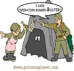 funny cartoon of sergeant yelling at stupid private who is feather-dusting a cave-like bunker; the sarge is yelling, I said bunker-BUSTER