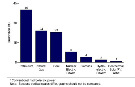 Graph showing that petroleum is by far the most-used source of energy, followed by natural gas, coal, electricity from nuclear power, wood and waste, hydroelectric, geothermal and other