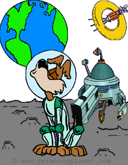 funny cartoon of dog from space station, dog has taken a lunar lander to the moon and is now howling at the earth