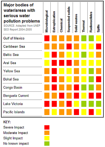 table showing ten of the world's most polluted seas; next paragraph provides link to html version