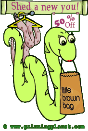 funny cartoon of snake slithering away from a snake skin rack with a shopping bag; sign behind her says Shed A New You