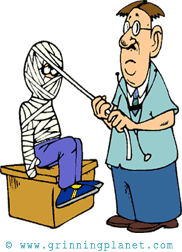 cartoon of doctor unwrapping patient that is bandaged from waistline to top of head