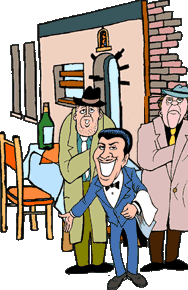 cartoon of friendly maitre d welcoming restaurant-goers; behind him are two mob types with trenchcoats, acting like they have guns underneath