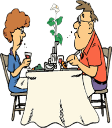 funny cartoon of couple dining at restaurant; the flower vase is in the shape of a gun; the flower is a white lily, the flower of death