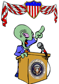 cartoon of alien president giving speech on podium