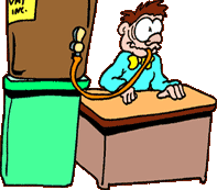 funny cartoon of wild-eyed man sitting at his desk, sucking coffee from a tube attached to a huge vat of coffee