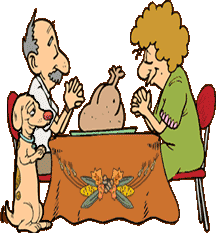 funny cartoon of people at Thanksgiving table, praying; dog is also praying, as he looks at turkey on table