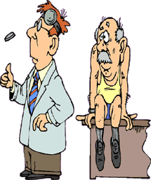 funny cartoon of half-stripped patient on doctor's table, worriedly watching doctor flip a coin