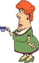 cartoon of fussy-looking woman drinking a cup of tea
