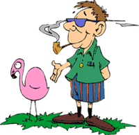 graphic of man in yard, smoking pipe, proudly displaying his lawn flamingo