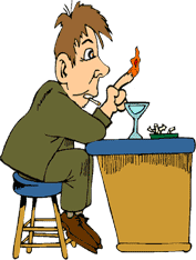 funny cartoon of man at bar with drink, he has lit his finger on fire out of fascination