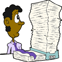 cartoon image of man at desk with in box piled high with paperwork