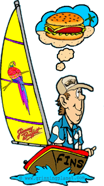 funny cartoon of Jimmy Buffett on a sail boat, dreaming of a cheeseburger (in paradise)
