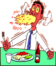 funny cartoon of man eating super-spicy food, flames are coming out his mouth, smoke is coming out his ears