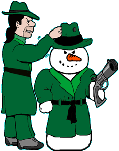 funny cartoon of mobster making a snow man that looks like a mobster, with mobster suit and a gun