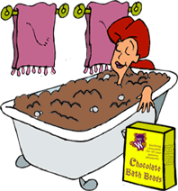 funny cartoon of woman taking a bubble bath in chocolate, using the product named Chocolate Bath Beads
