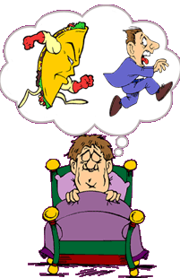 funny cartoon of dieting man having dream he's being chased by a huge, muscular taco