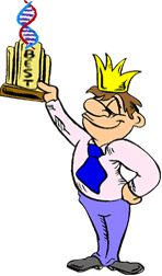 cartoon image of man proudly holding up a trophy that is topped by a double-helix