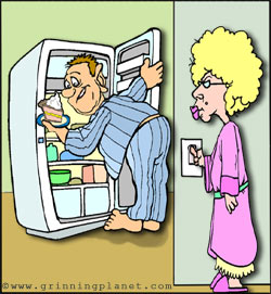 funny cartoon of husband up a night, looking in the fridge for a midnight snack; he doesn't realize wife is standing right behind him