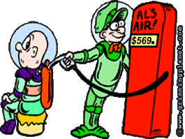 funny cartoon of space-suited service station attendant filling a spaceman's suit with air from a pump that looks like a gas station pump; the dial reads $569