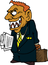 cartoon of lawyer with briefcase; his teeth are like those of a shark