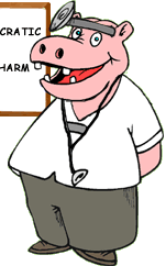 funny cartoon of hippopotamus doctor next to sign that say hippo-cratic oath, 1 - do no harm, 2 - eat