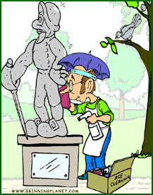 funny cartoon of man cleaning a statue with a rag; pigeon is watching him from a tree; the man has an umbrella hat on to protect him from pooping pigeons