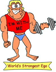 funny cartoon of bodybuilder on beach wearing t-shirt that says 'I'm with me'; caption reads World's Strongest Ego