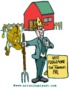 funny cartoon - politician near sign that says 'Vote Fudgemore - The Farmer's Pal' - as bull gets ready to charge him