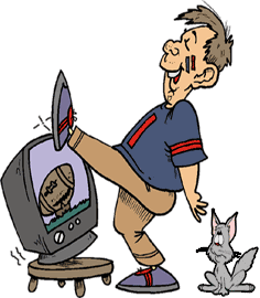 funny cartoon of overzealous football fan trying to kick a football on TV screen; he's kicking the TV over