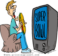 cartoon of guy biting into a huge sub sandwich, getting ready to watch the super bowl